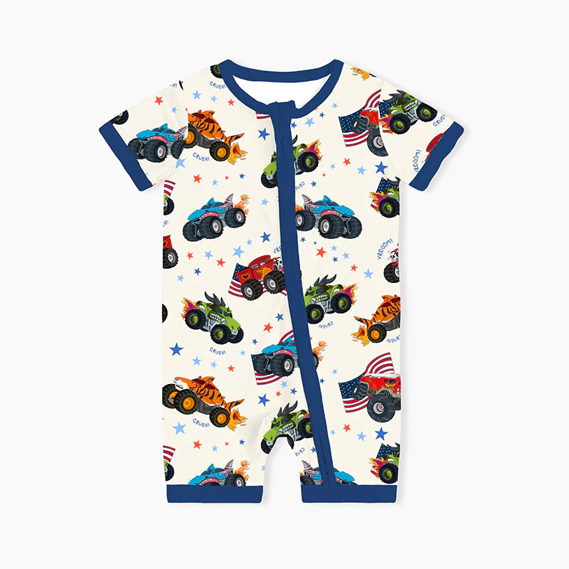 4th of July × Monster Truck Baby Bamboo Short Zipper Romper Pajamas