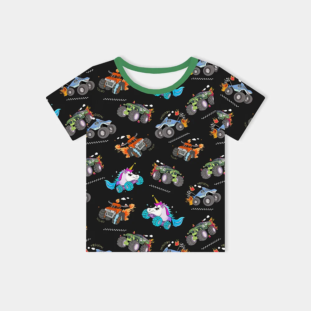 Monster Truck Black Green Kids Bamboo Short Top T-shirt
