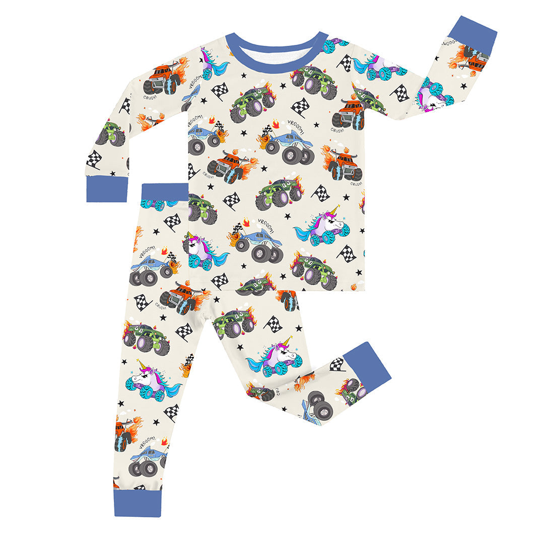Monster Truck Blue Kid Bamboo Two-Piece Pajama Set