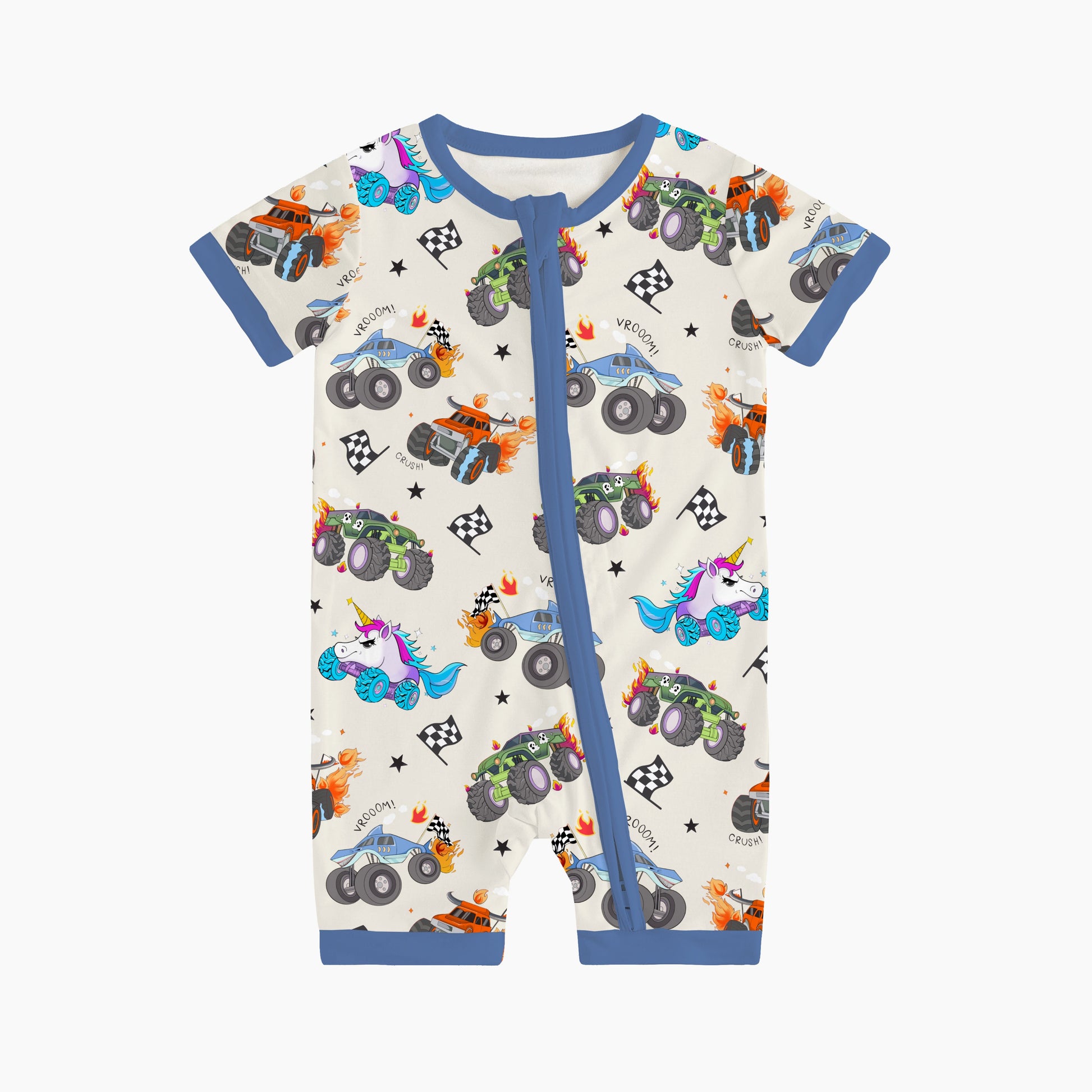 Monster Truck Blue Baby Bamboo Short Zipper Romper Pajamas