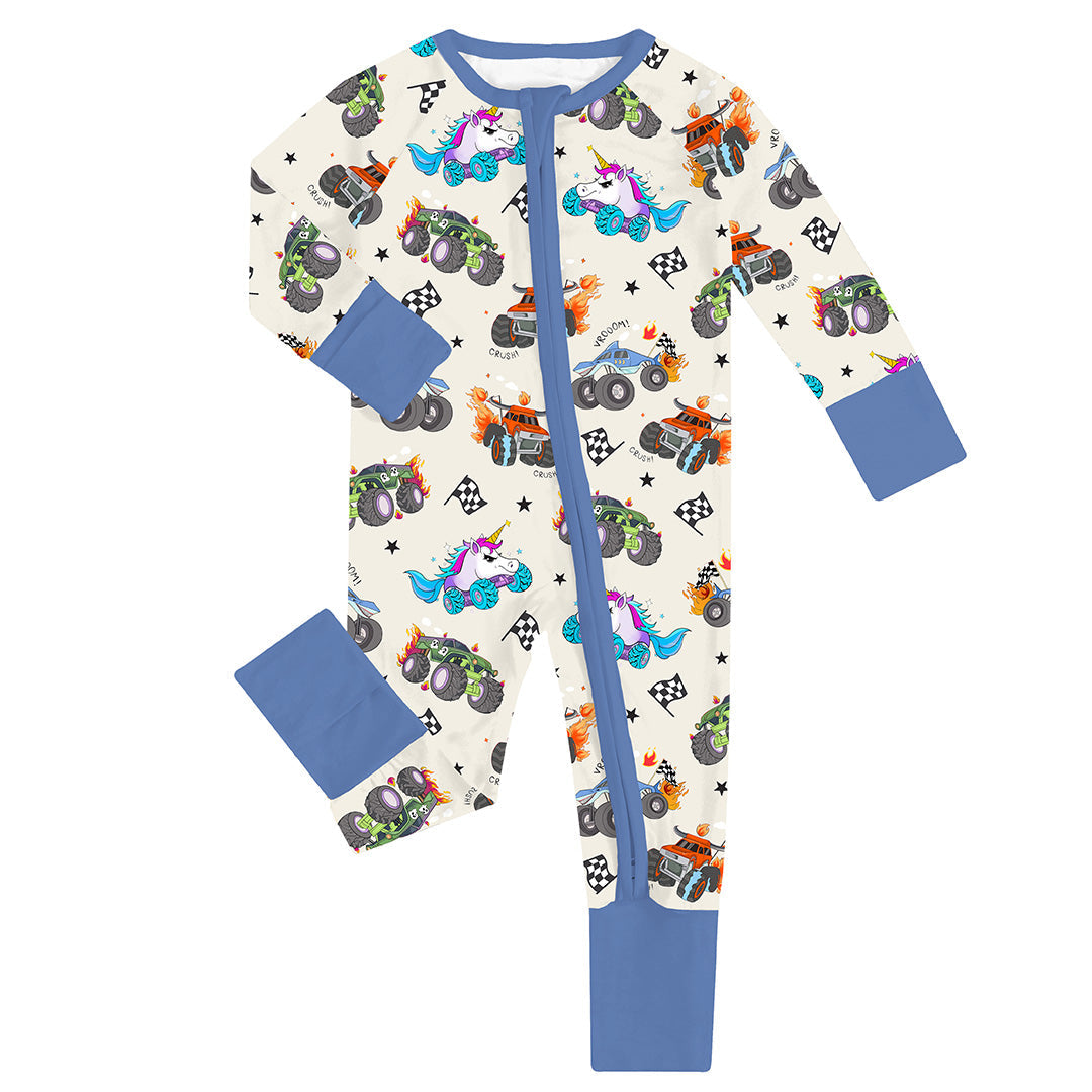 Monster Truck Blue Baby Bamboo Zipper Romper Pajamas