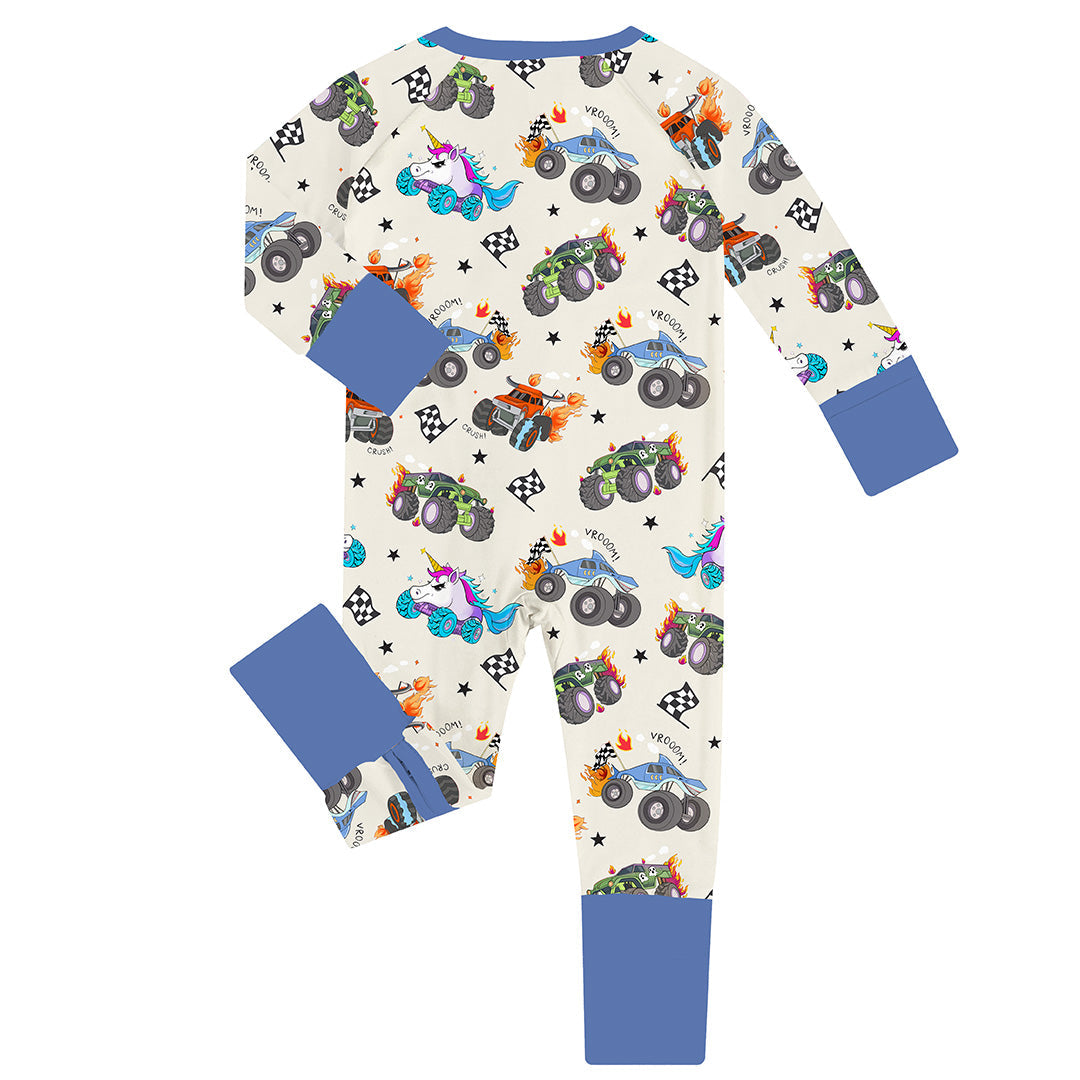 Monster Truck Blue Baby Bamboo Zipper Romper Pajamas