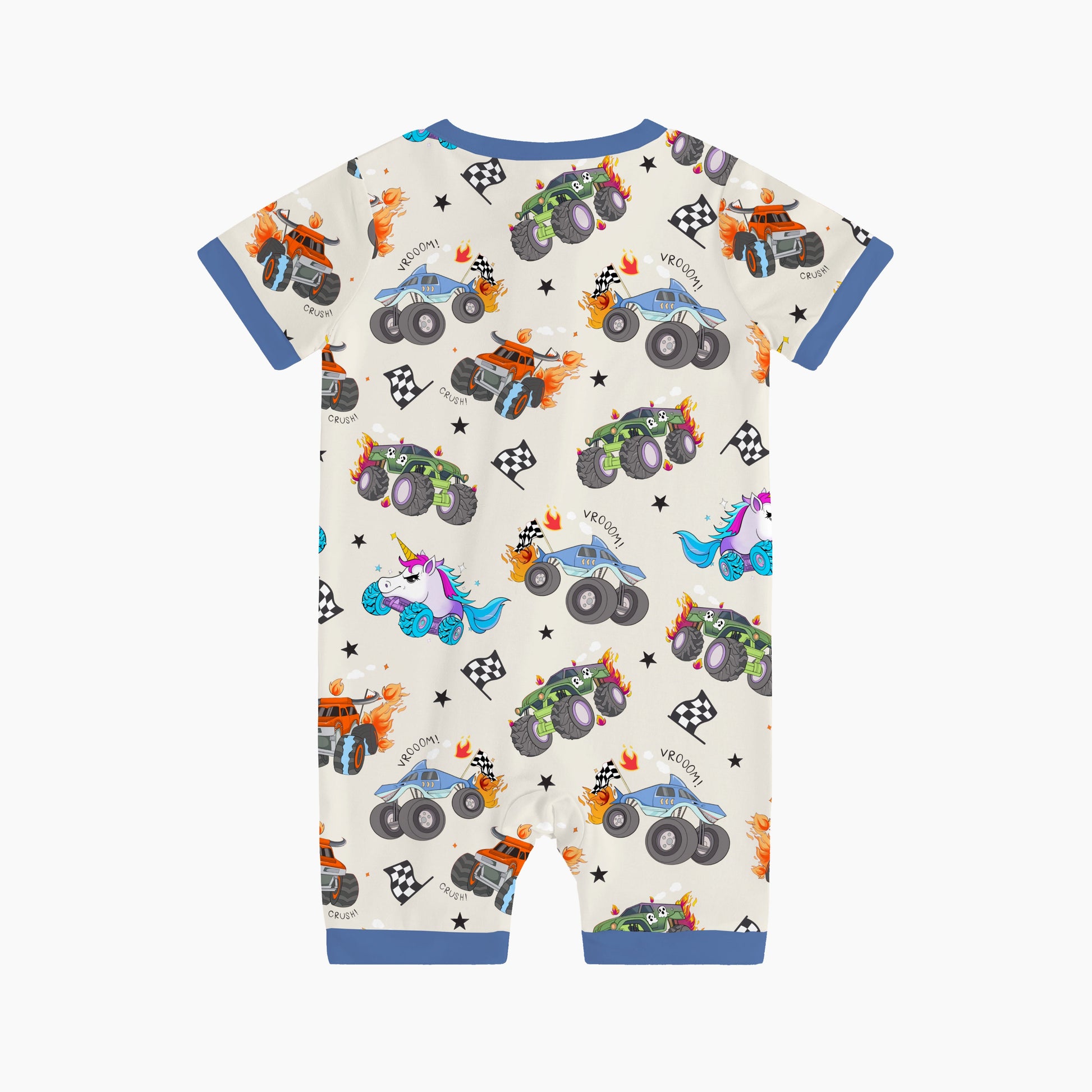 Monster Truck Blue Baby Bamboo Short Zipper Romper Pajamas