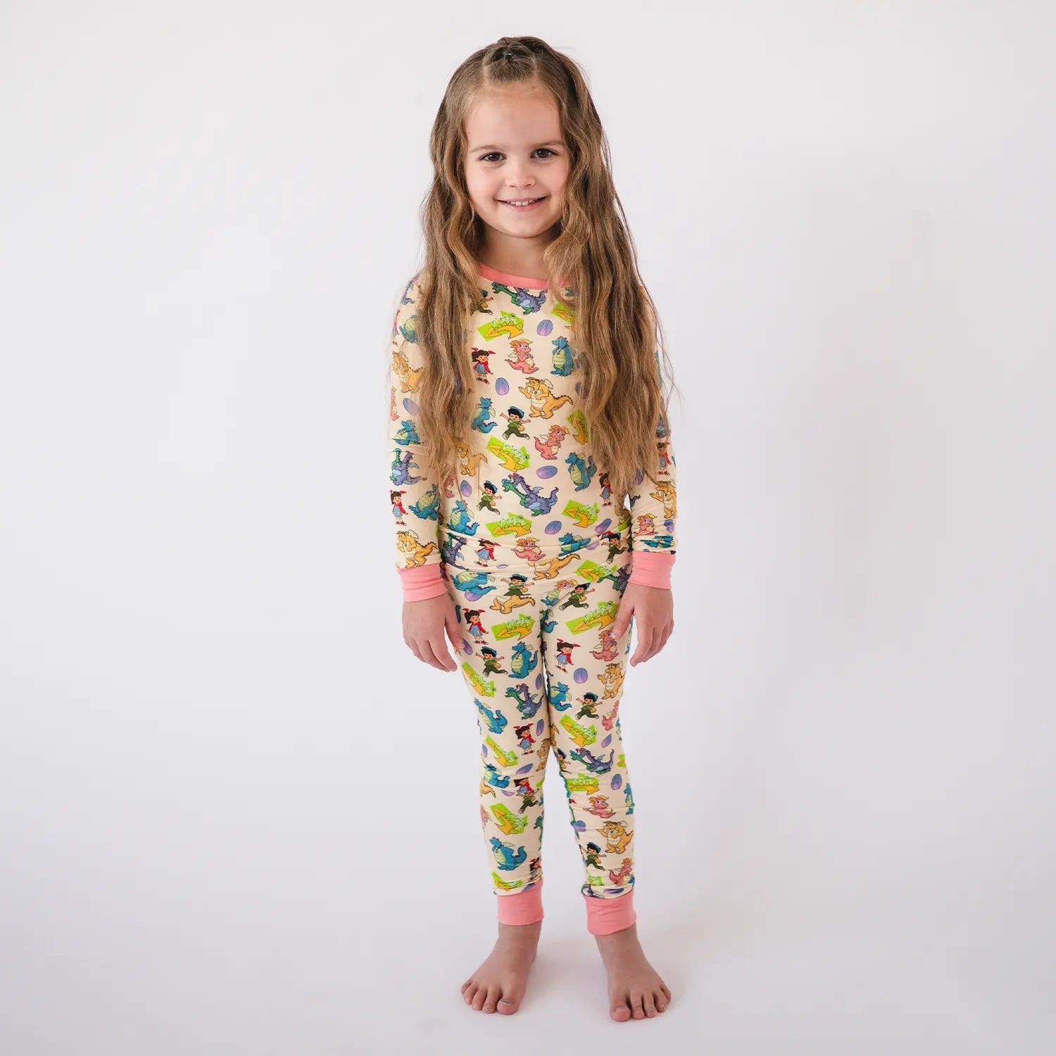 FancyPrince Cartoon Dragon Pink Kid Bamboo Two-Piece Pajama Set