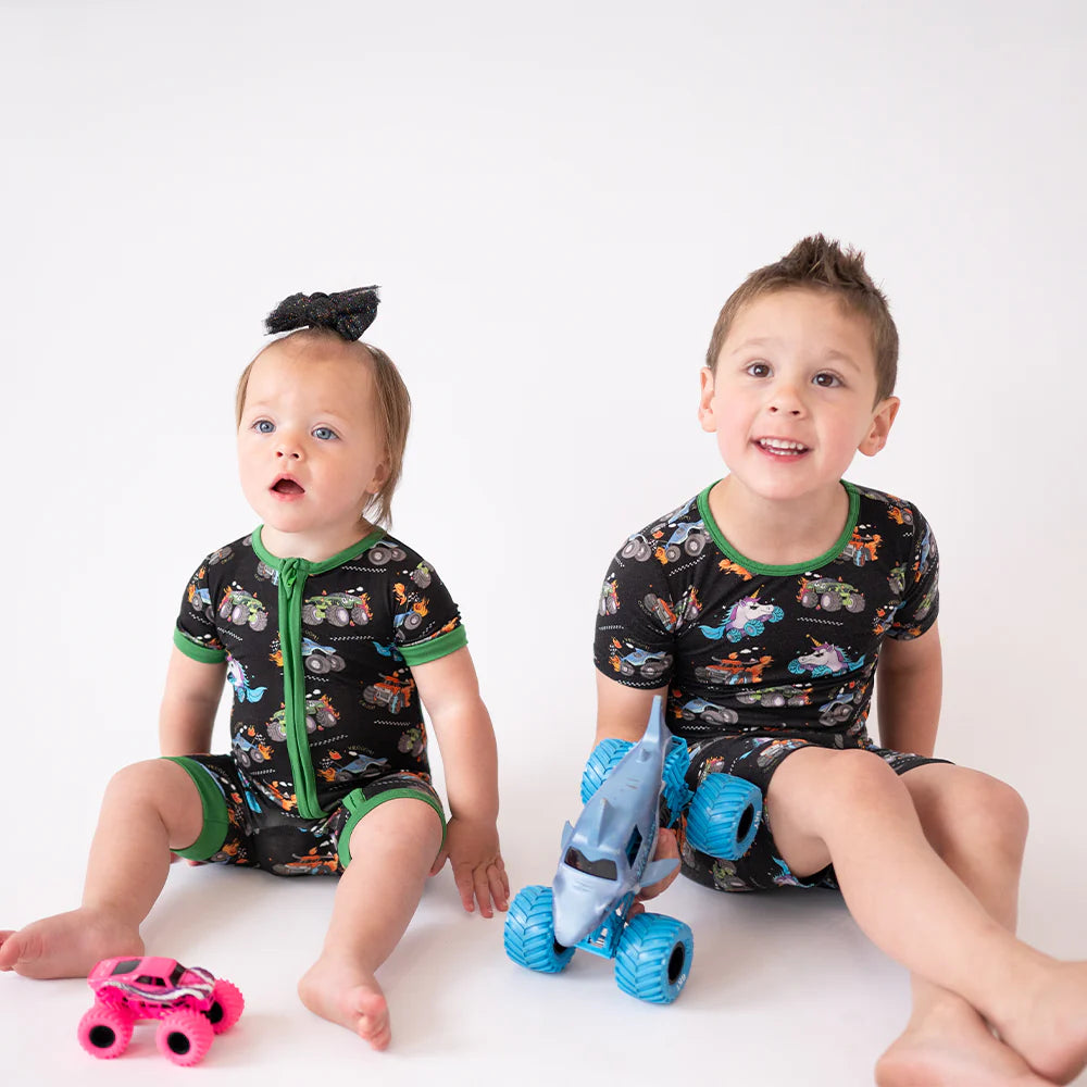 Monster Truck Baby Bamboo Short Zipper Romper Pajamas