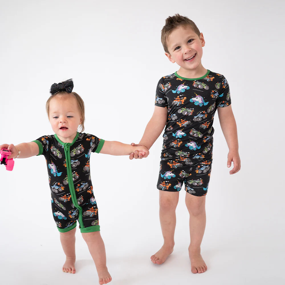 Monster Truck Baby Bamboo Short Zipper Romper Pajamas