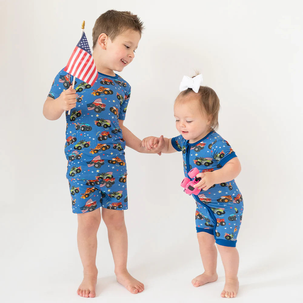 4th of July × Monster Truck Blue Kids Bamboo Short Two-Piece Pajama Set
