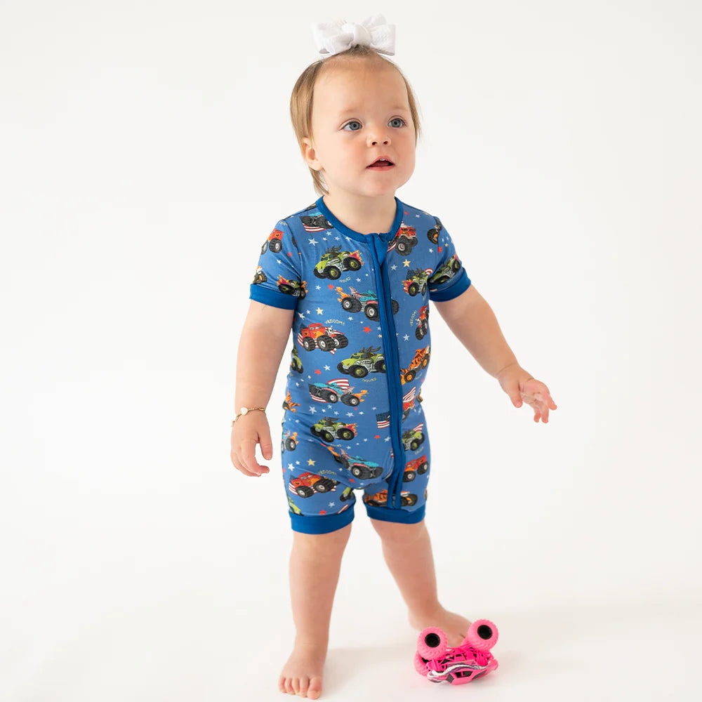 4th of July × Monster Truck Blue Baby Bamboo Short Zipper Romper Pajamas