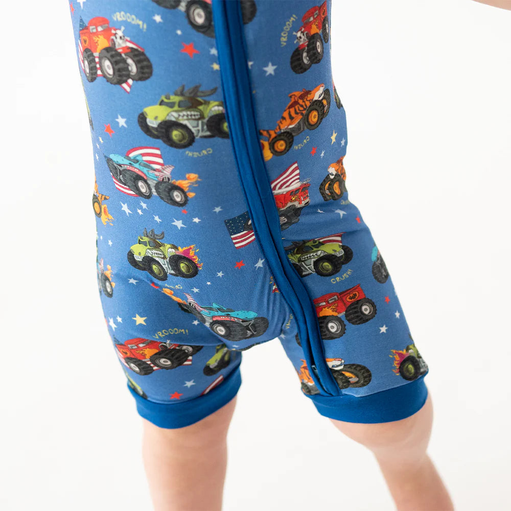 4th of July × Monster Truck Blue Baby Bamboo Short Zipper Romper Pajamas