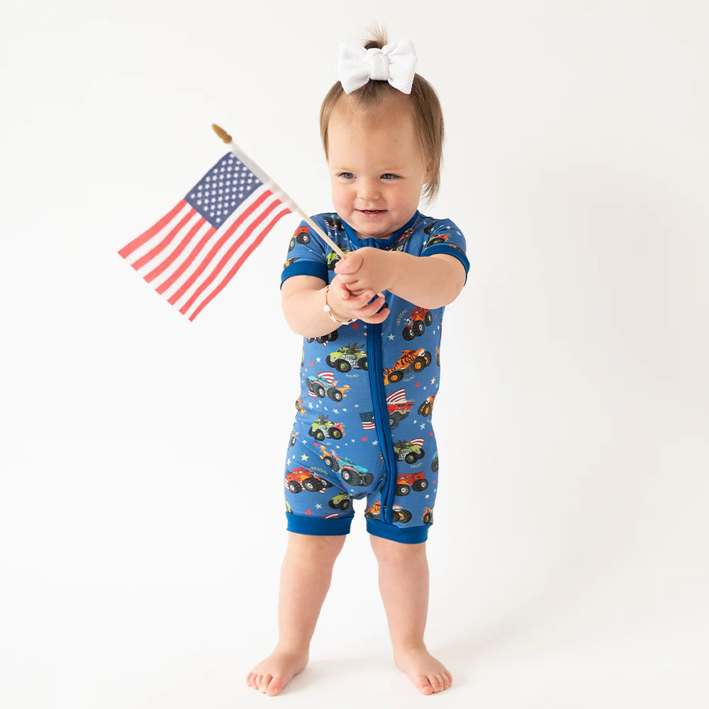 4th of July × Monster Truck Blue Baby Bamboo Short Zipper Romper Pajamas