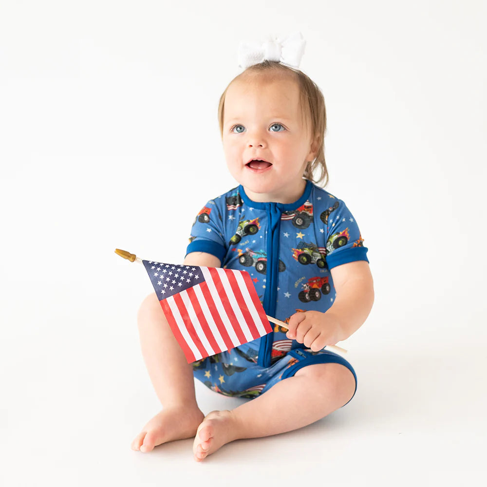 4th of July × Monster Truck Blue Baby Bamboo Short Zipper Romper Pajamas