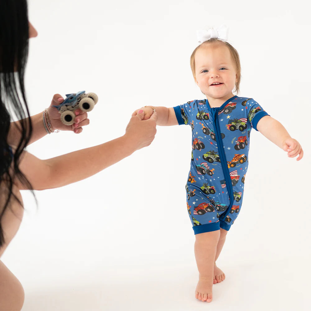 4th of July × Monster Truck Blue Baby Bamboo Short Zipper Romper Pajamas