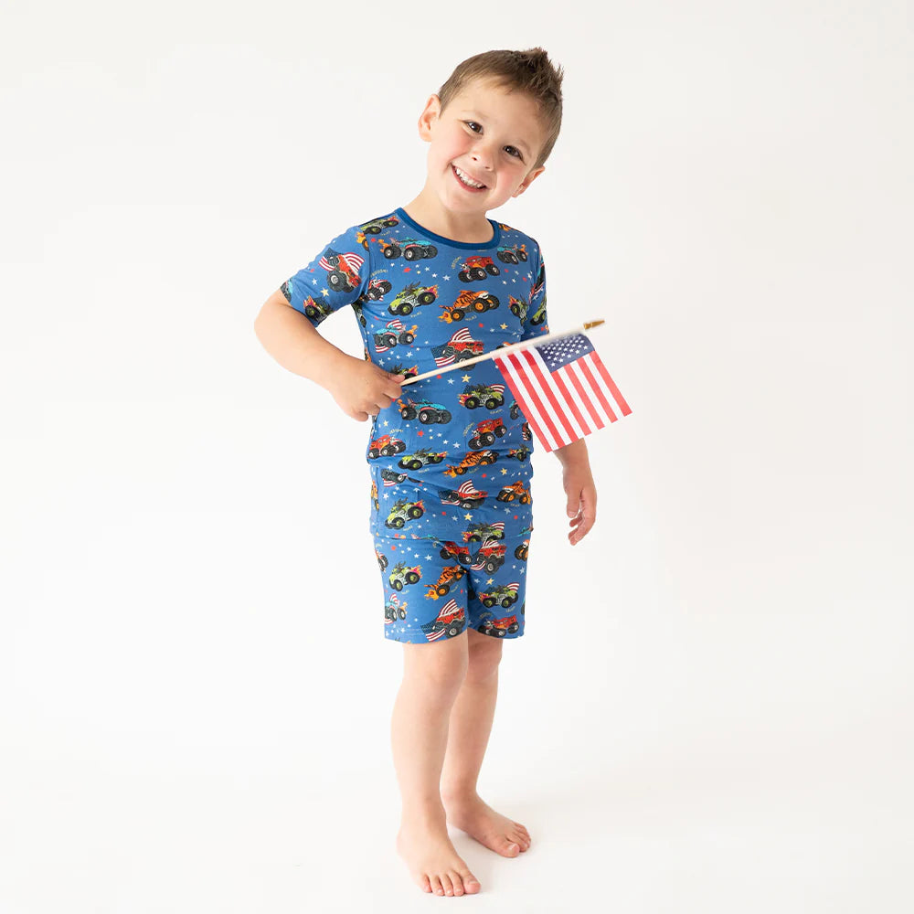 4th of July × Monster Truck Blue Kids Bamboo Short Two-Piece Pajama Set