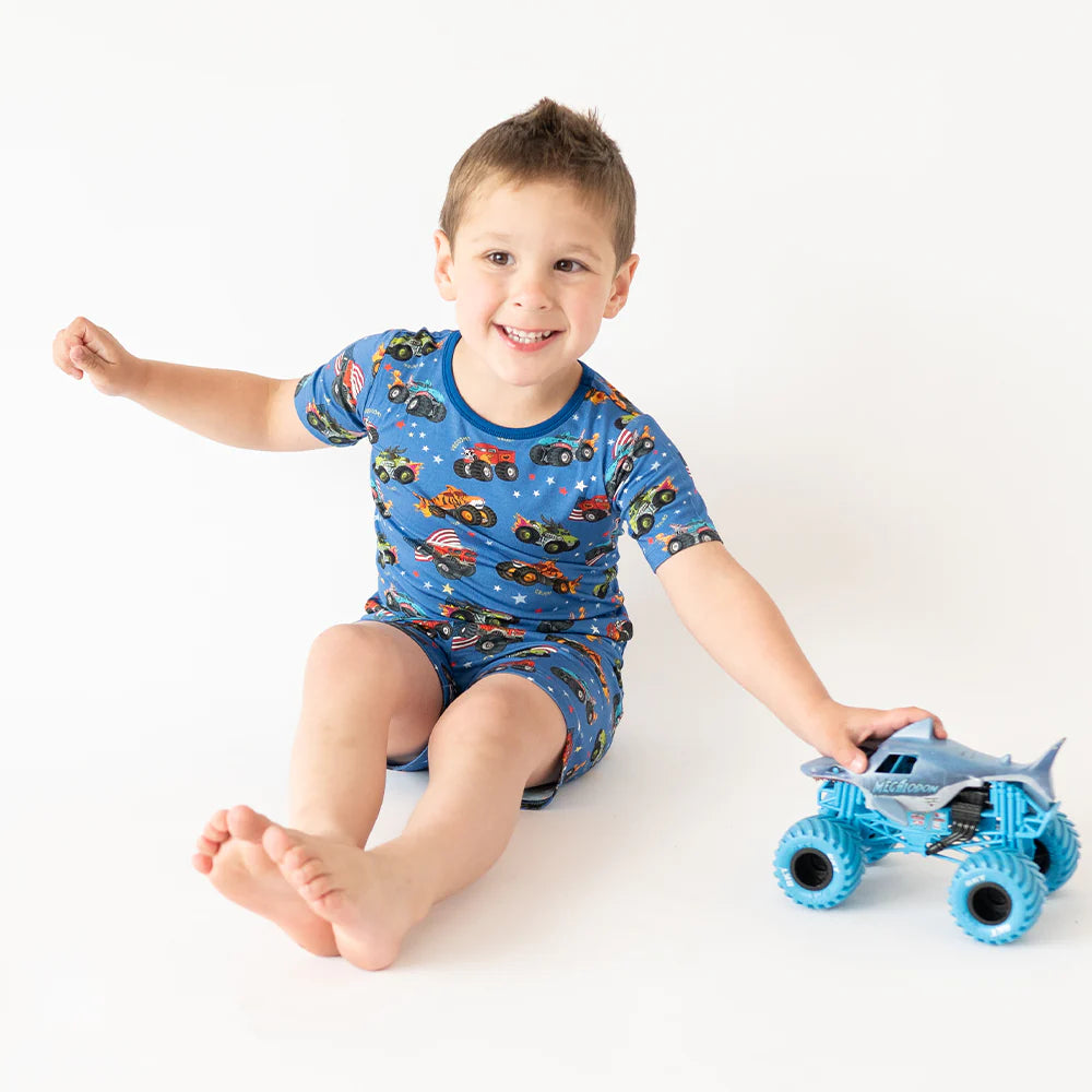 4th of July × Monster Truck Blue Kids Bamboo Short Two-Piece Pajama Set