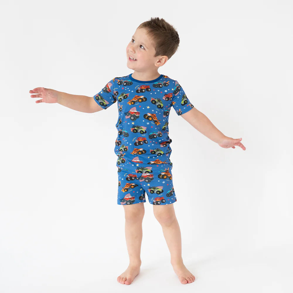 4th of July × Monster Truck Blue Kids Bamboo Short Two-Piece Pajama Set