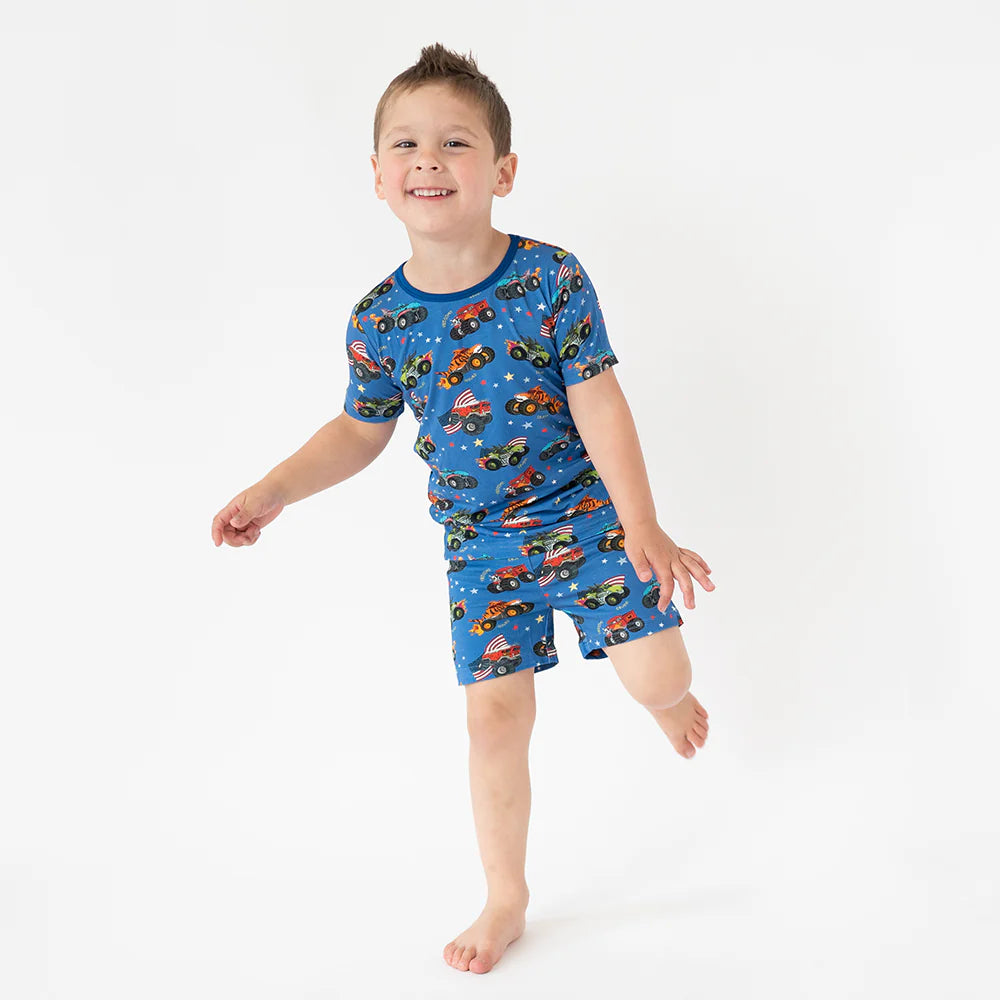 4th of July × Monster Truck Blue Kids Bamboo Short Two-Piece Pajama Set