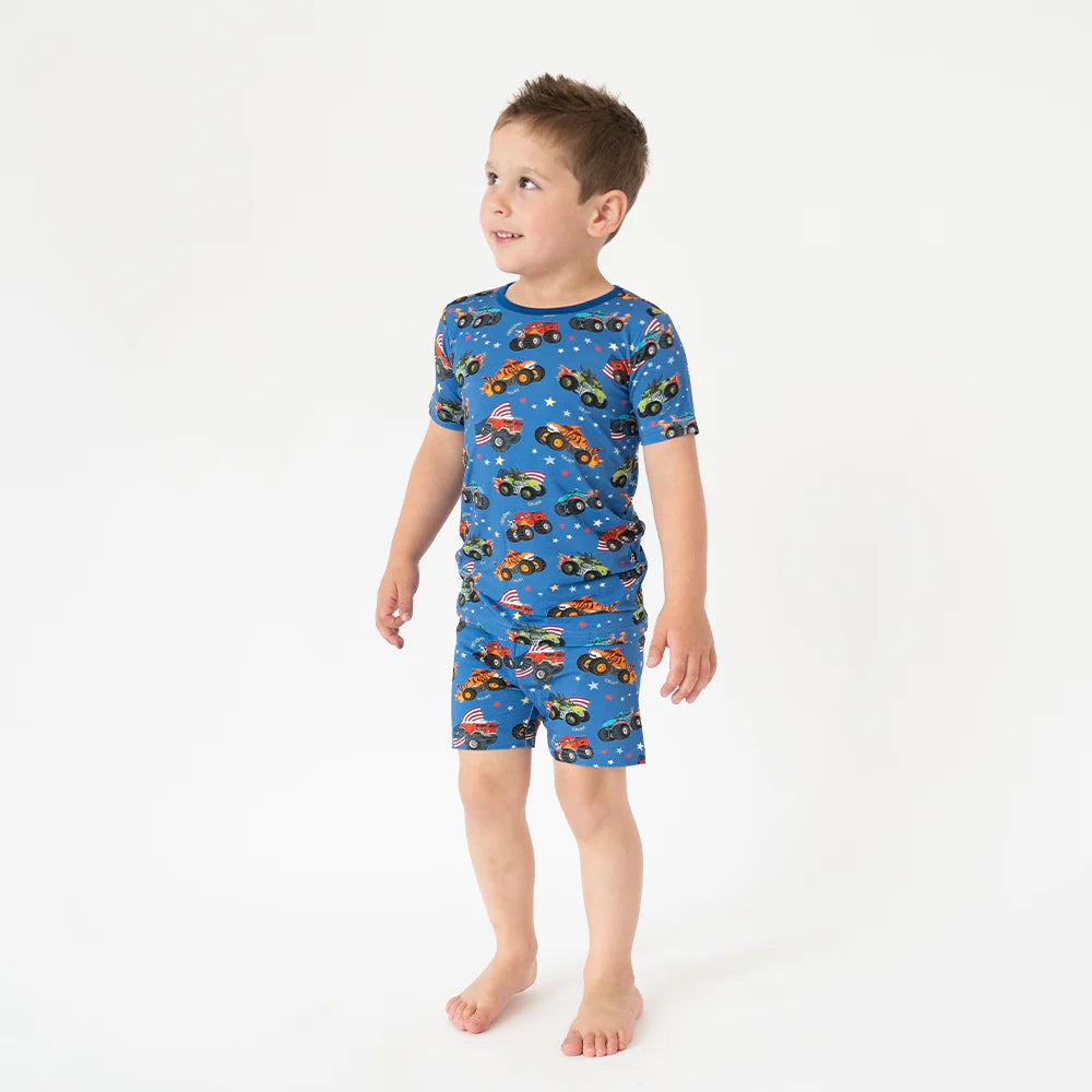 4th of July × Monster Truck Blue Kids Bamboo Short Two-Piece Pajama Set