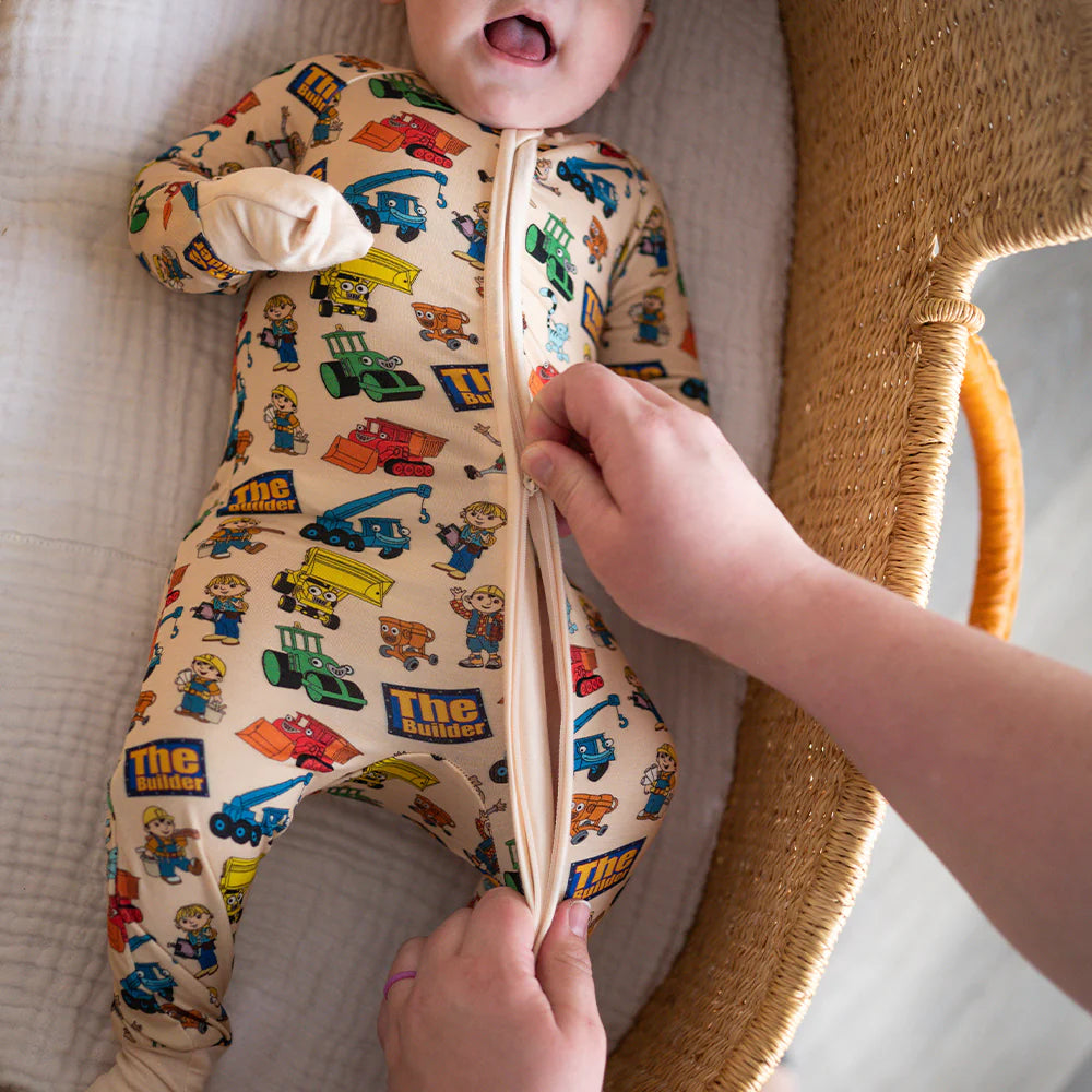 Little Builder Beige Baby Bamboo Zipper Romper Pajamas