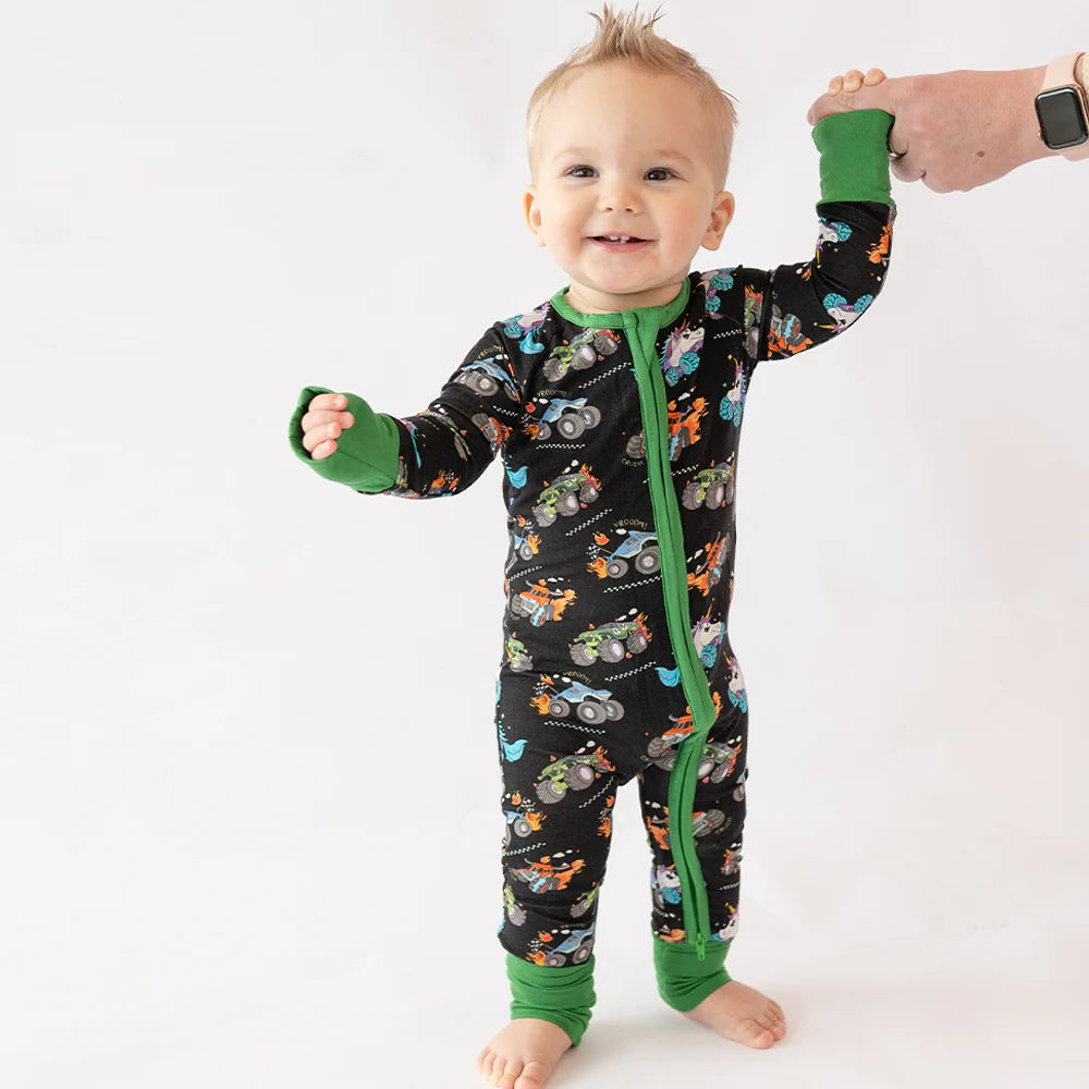 Monster Truck Baby Bamboo Zipper Romper Pajamas