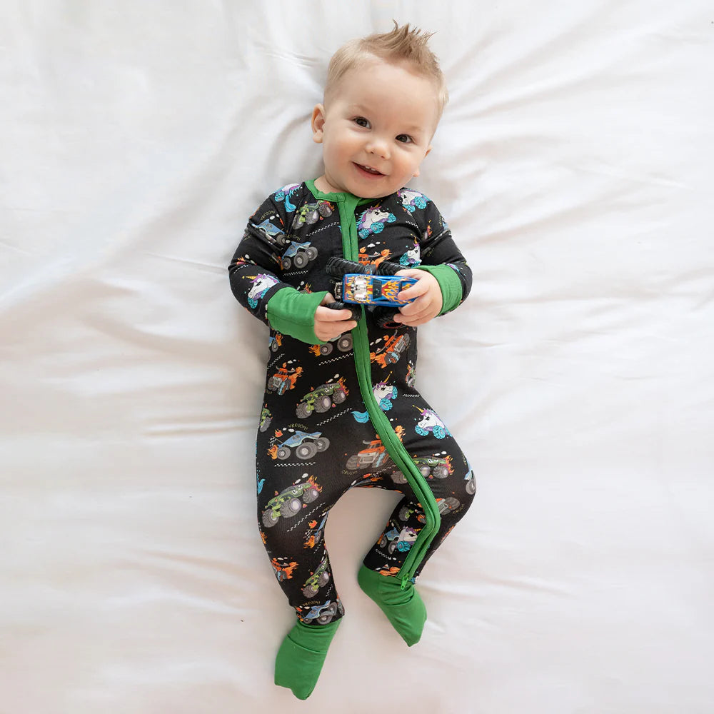 Monster Truck Baby Bamboo Zipper Romper Pajamas