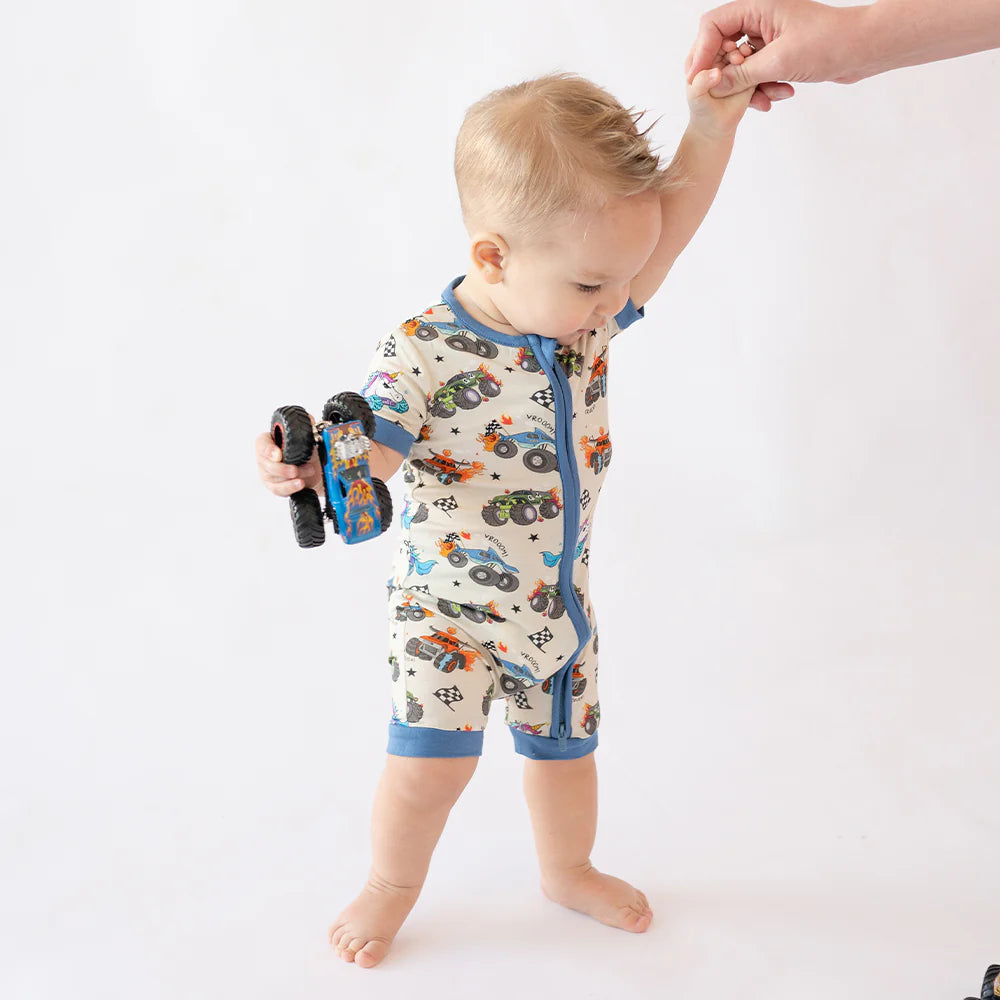 Monster Truck Blue Baby Bamboo Short Zipper Romper Pajamas