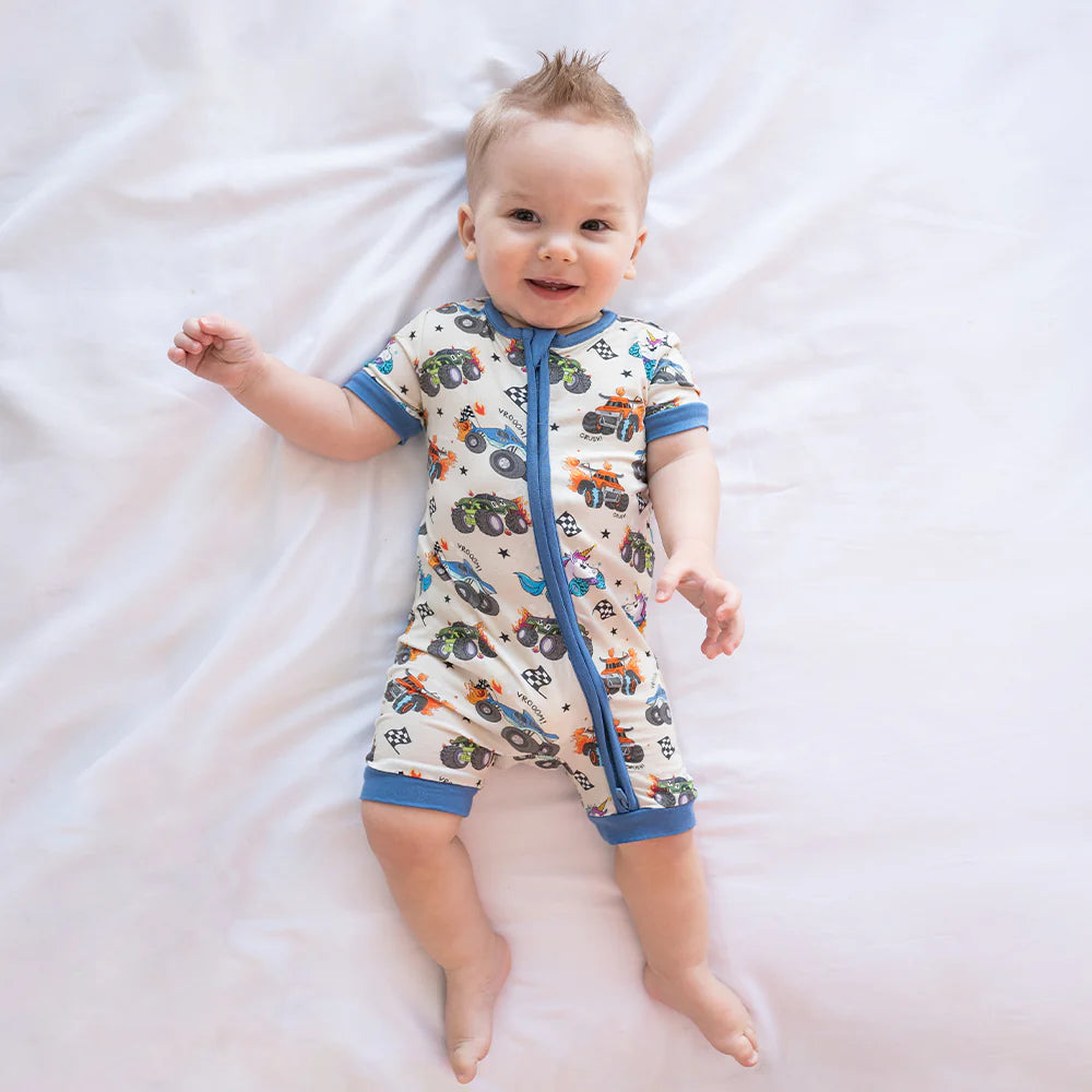 Monster Truck Blue Baby Bamboo Short Zipper Romper Pajamas