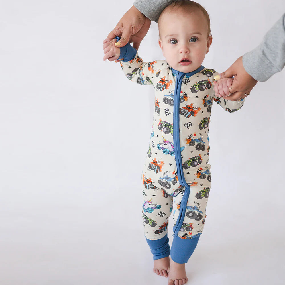 Monster Truck Blue Baby Bamboo Zipper Romper Pajamas