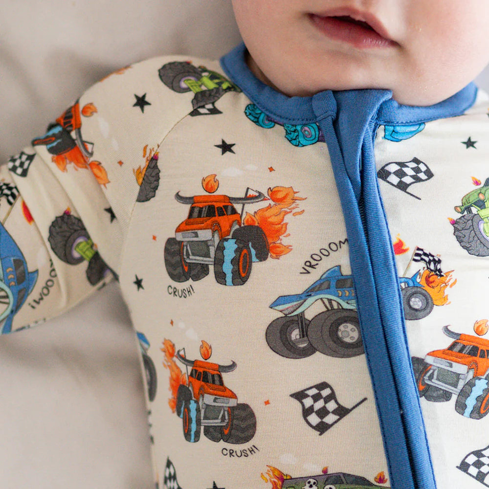 Monster Truck Blue Baby Bamboo Zipper Romper Pajamas