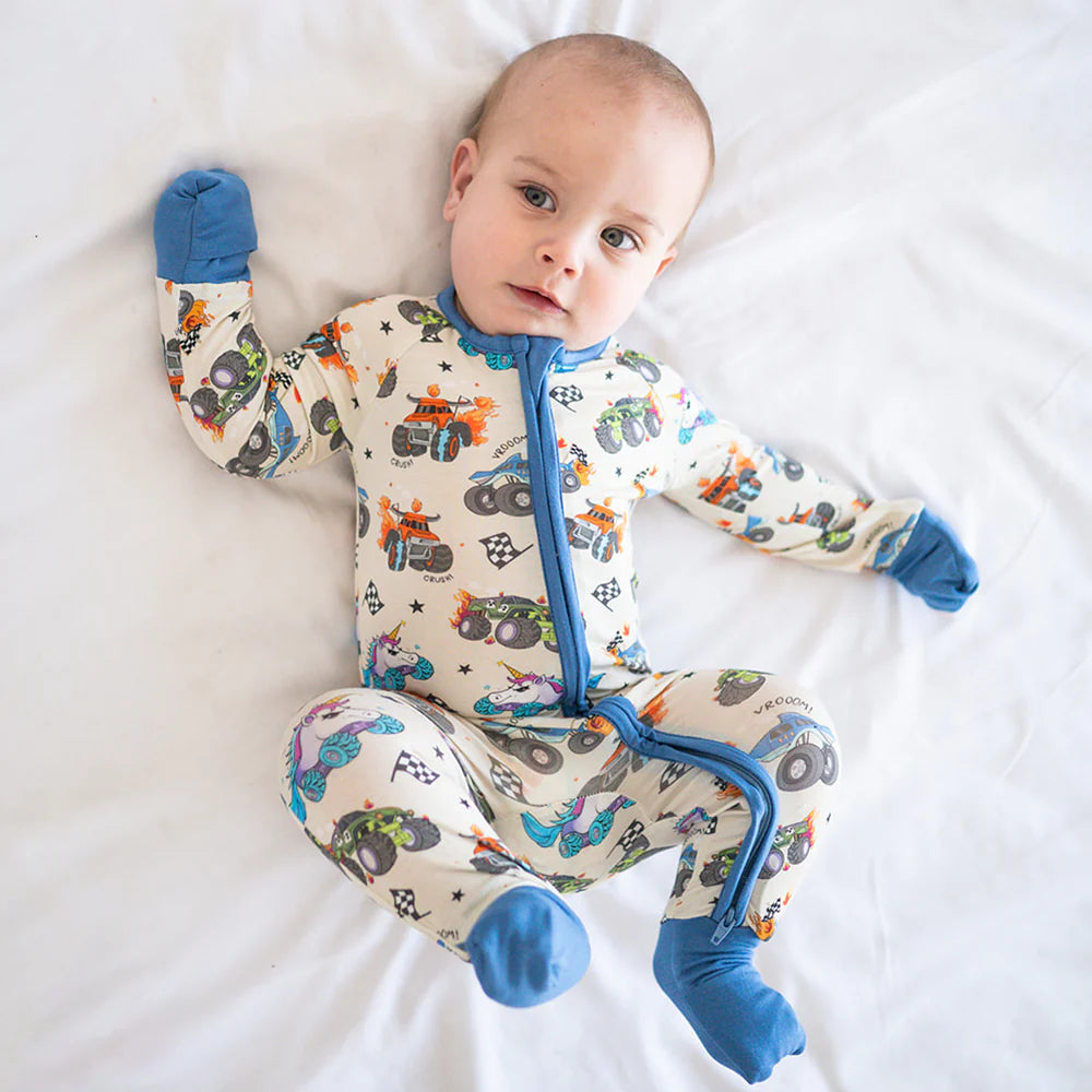 Monster Truck Blue Baby Bamboo Zipper Romper Pajamas
