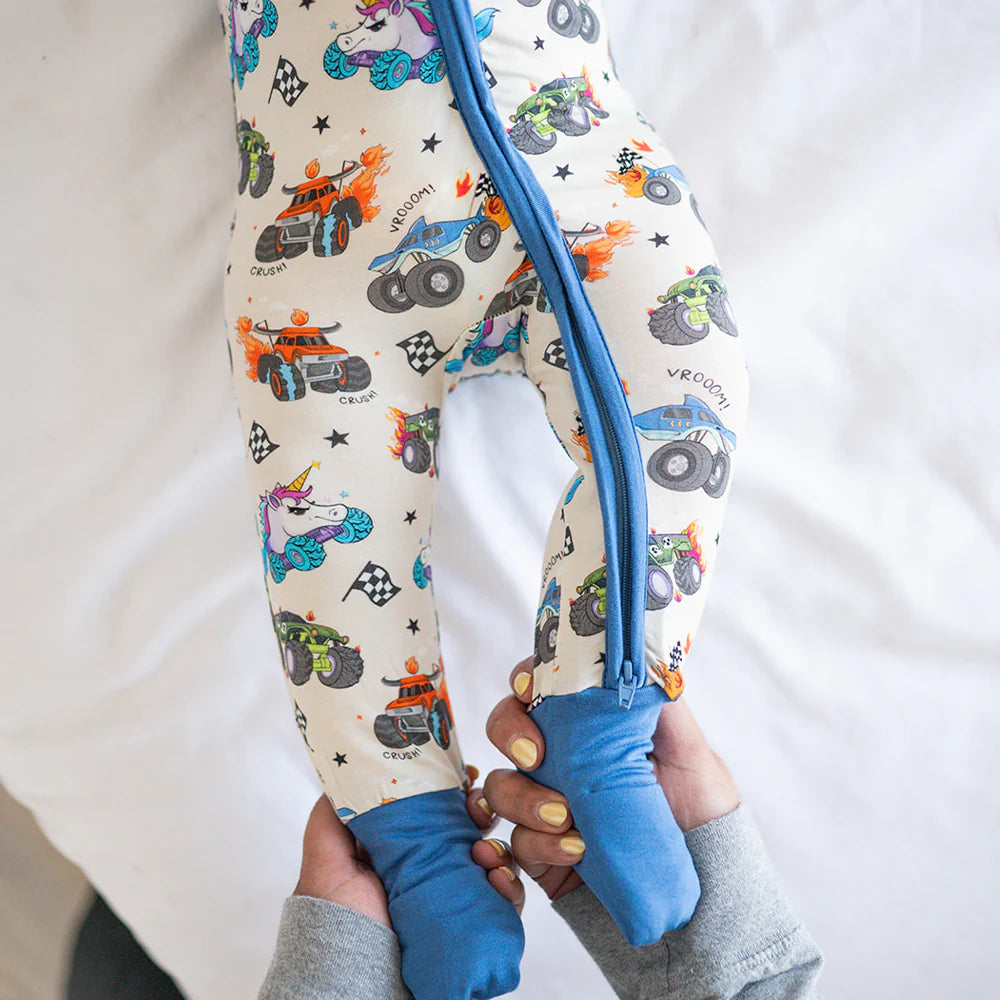 Monster Truck Blue Baby Bamboo Zipper Romper Pajamas