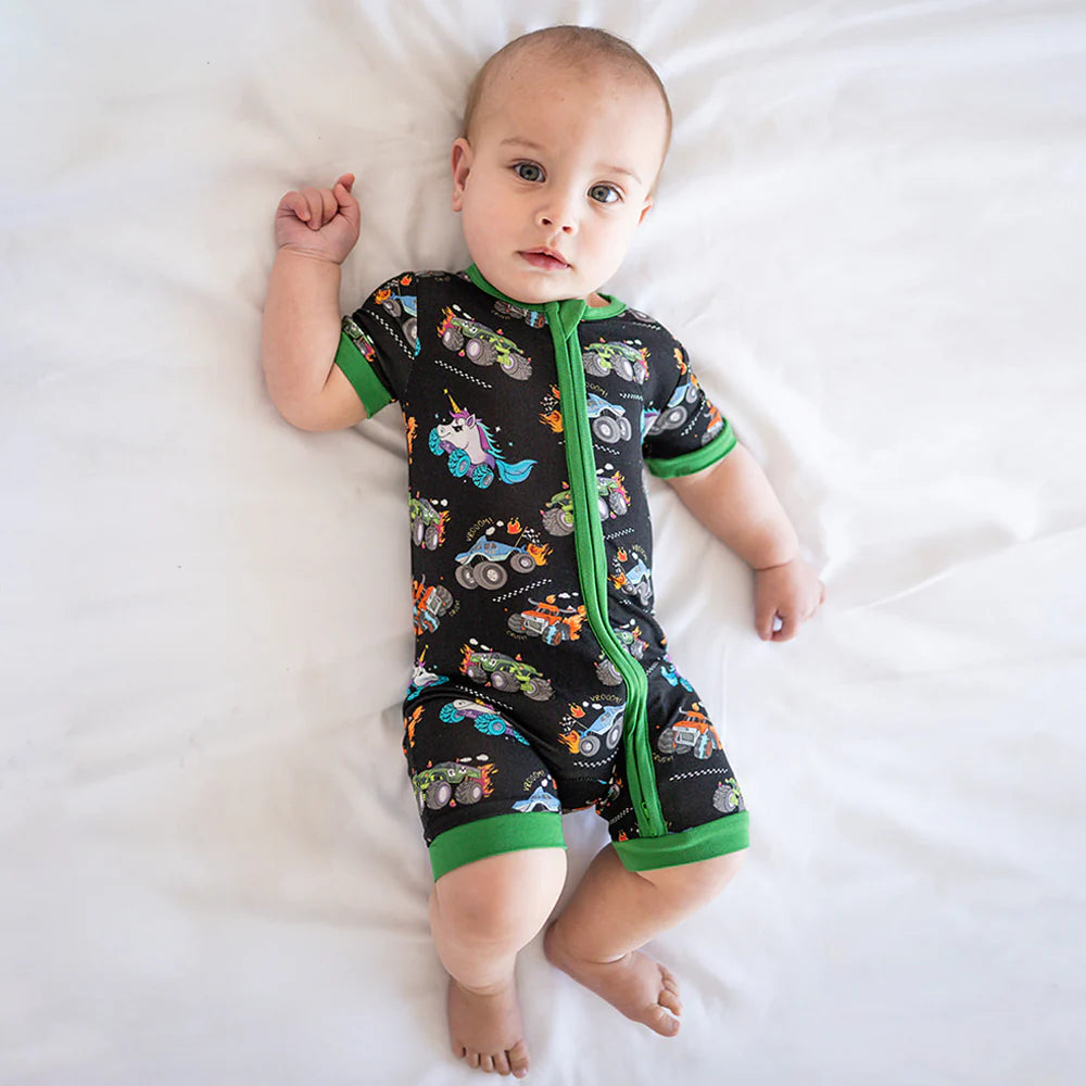 Monster Truck Baby Bamboo Short Zipper Romper Pajamas