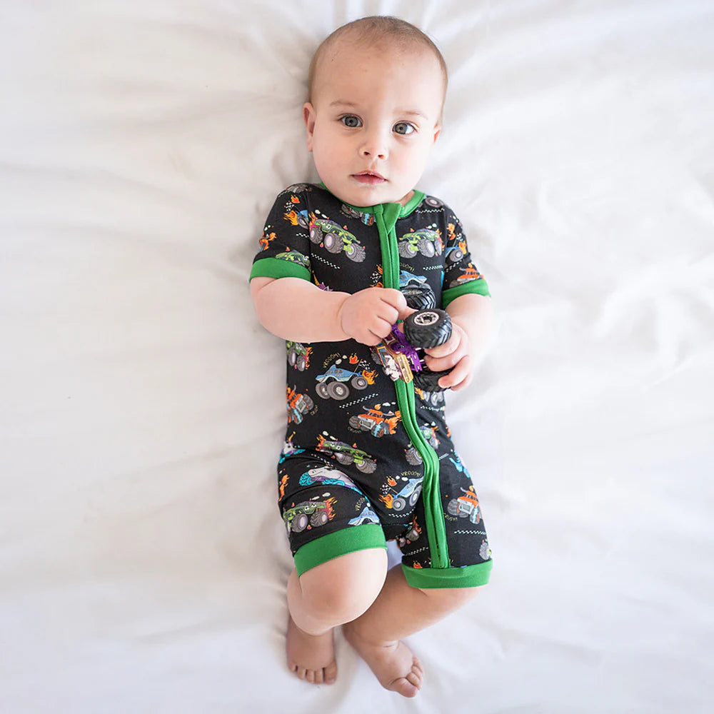 Monster Truck Baby Bamboo Short Zipper Romper Pajamas