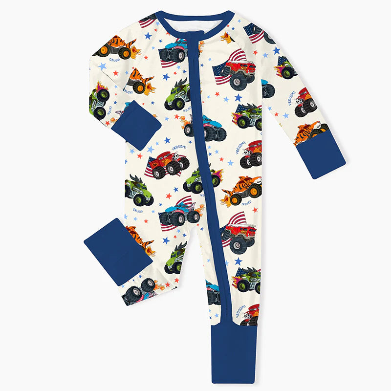 4th of July × Monster Truck Baby Bamboo Zipper Romper Pajamas