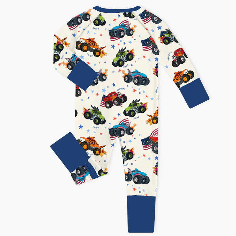 4th of July × Monster Truck Baby Bamboo Zipper Romper Pajamas