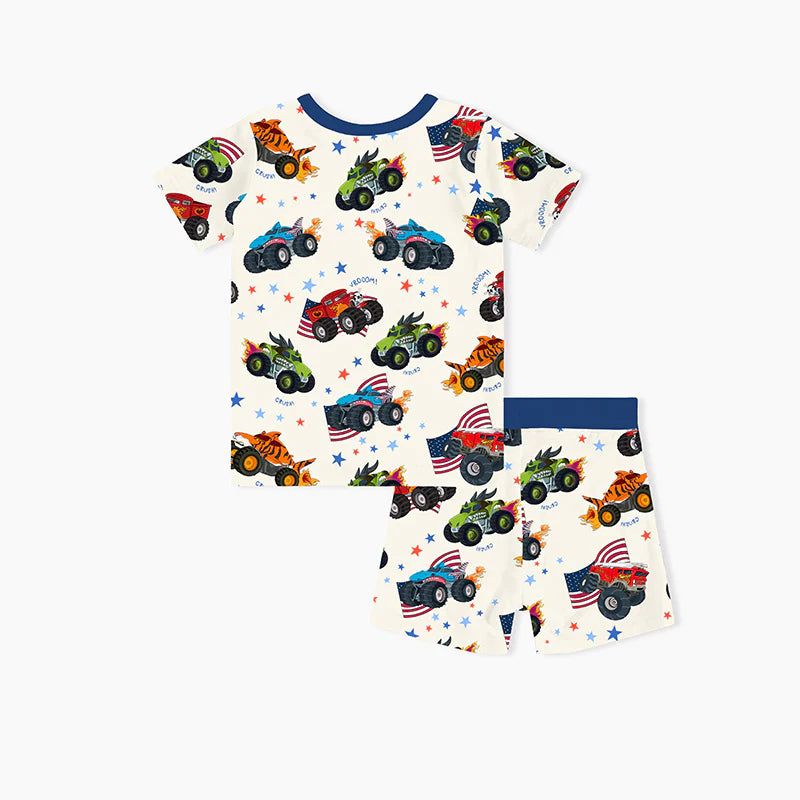 4th of July × Monster Truck Kids Bamboo Short Two-Piece Pajama Set