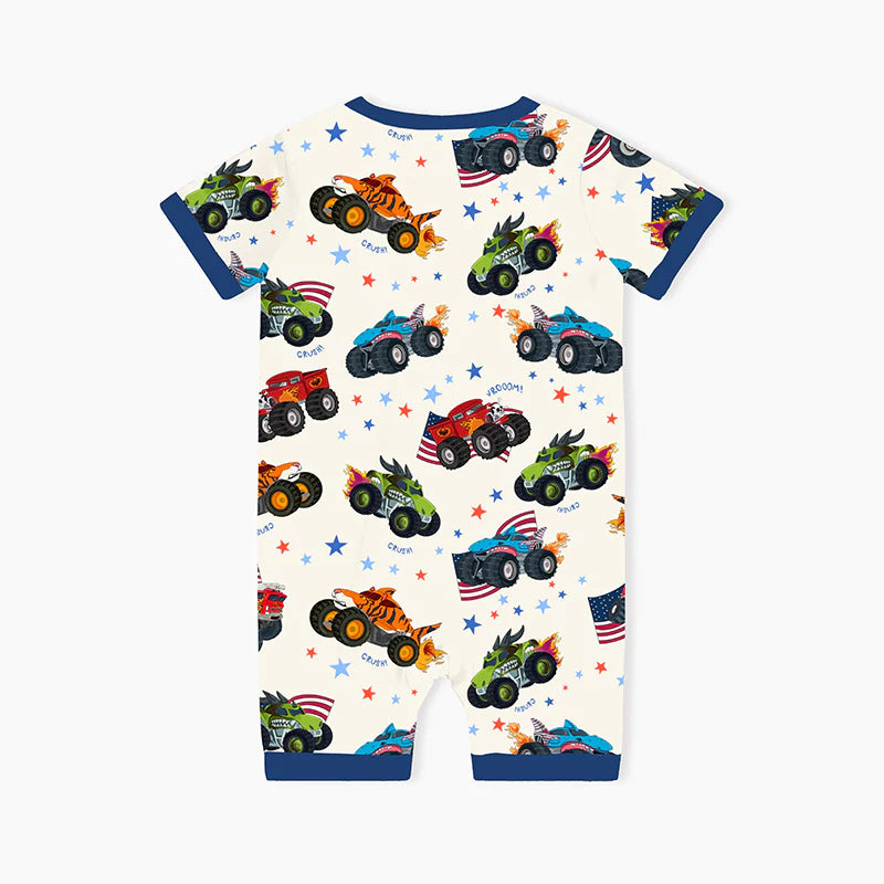 4th of July × Monster Truck Baby Bamboo Short Zipper Romper Pajamas