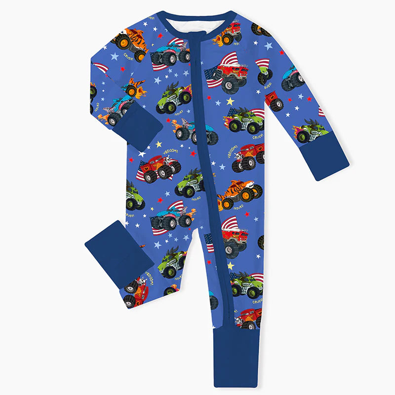 4th of July × Monster Truck Blue Baby Bamboo Zipper Romper Pajamas