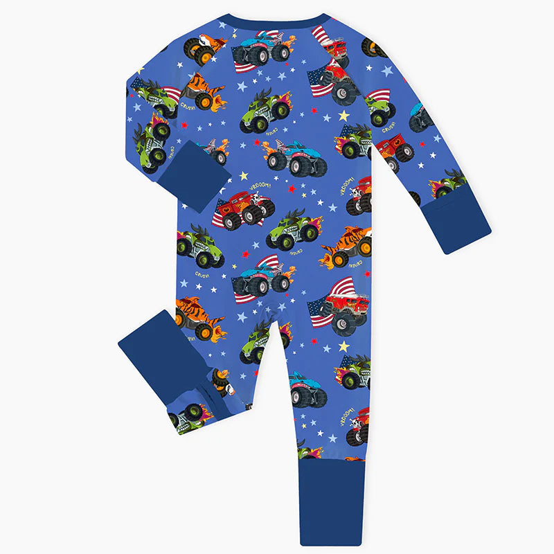 4th of July × Monster Truck Blue Baby Bamboo Zipper Romper Pajamas
