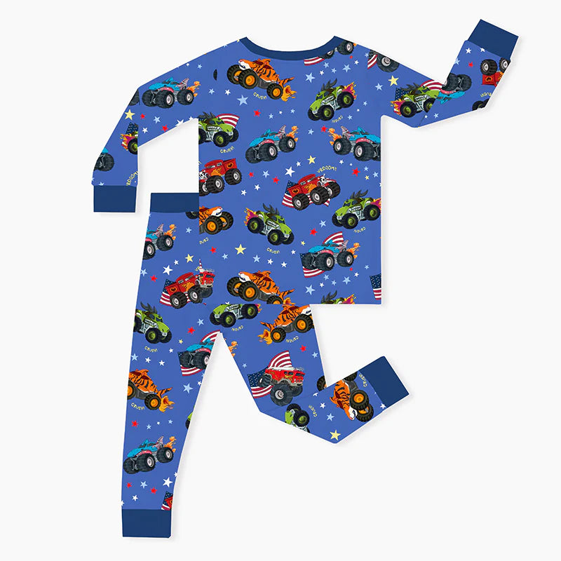 4th of July × Monster Truck Blue Kid Bamboo Two-Piece Pajama Set