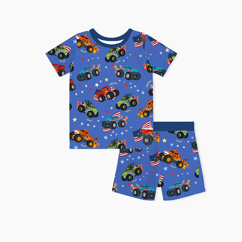 4th of July × Monster Truck Blue Kids Bamboo Short Two-Piece Pajama Set