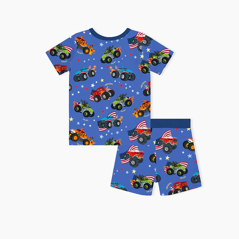 4th of July × Monster Truck Blue Kids Bamboo Short Two-Piece Pajama Set