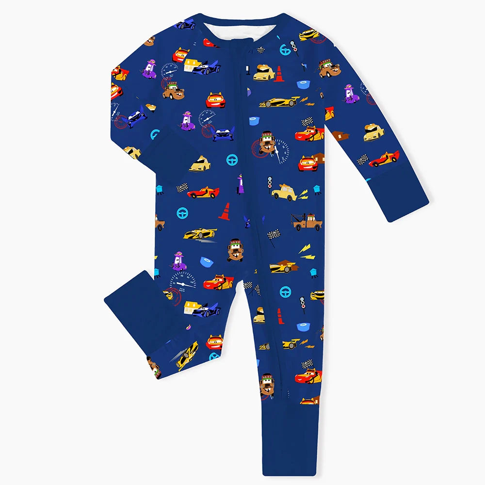Race Car Cartoon Blue Baby Bamboo Zipper Romper Pajamas