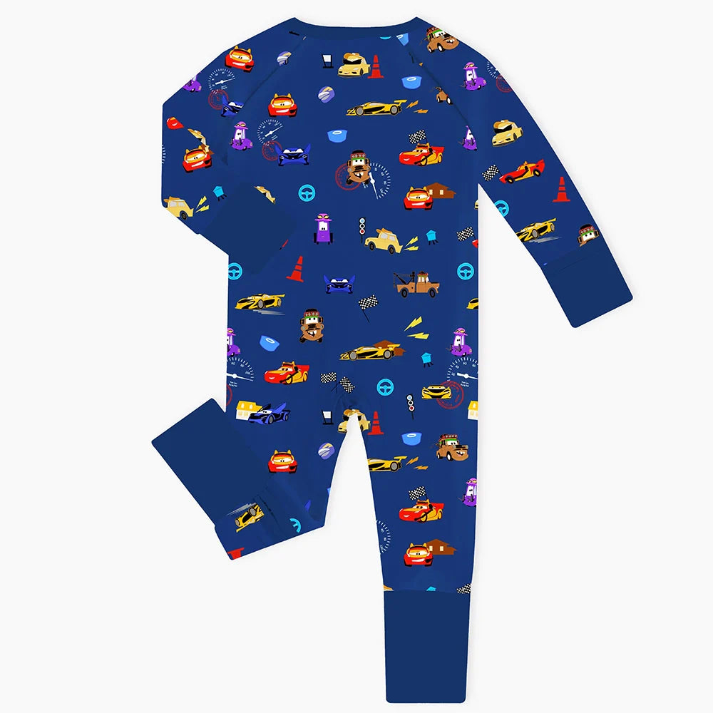 Race Car Cartoon Blue Baby Bamboo Zipper Romper Pajamas