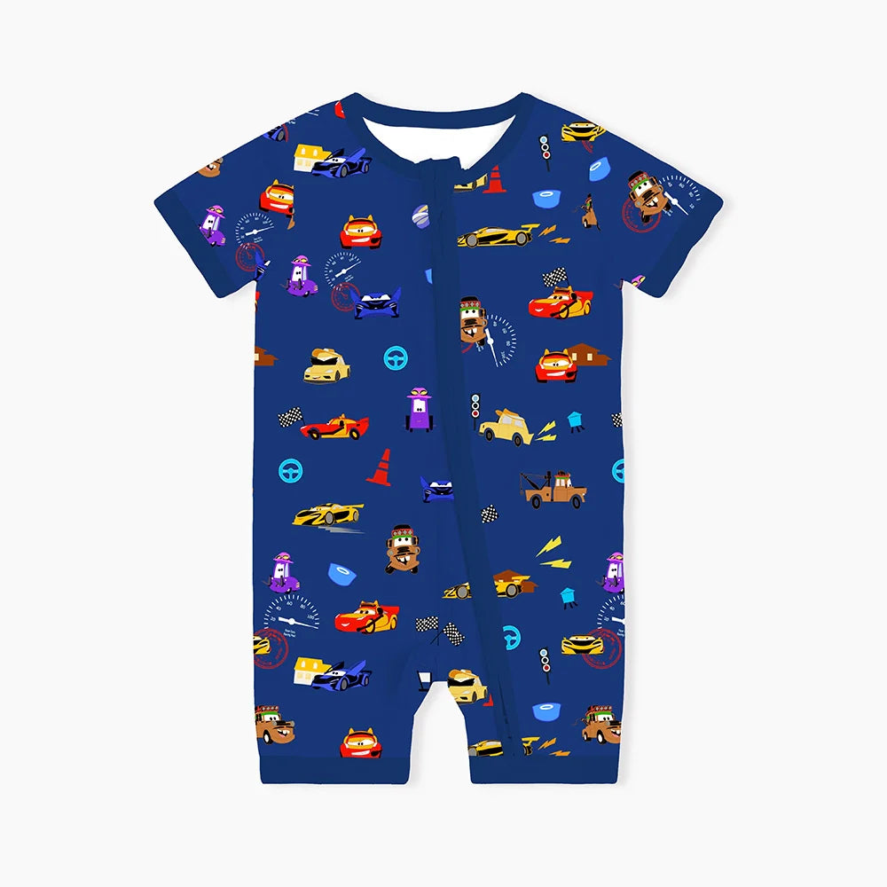 Race Car Cartoon Blue Baby Bamboo Short Zipper Romper Pajamas