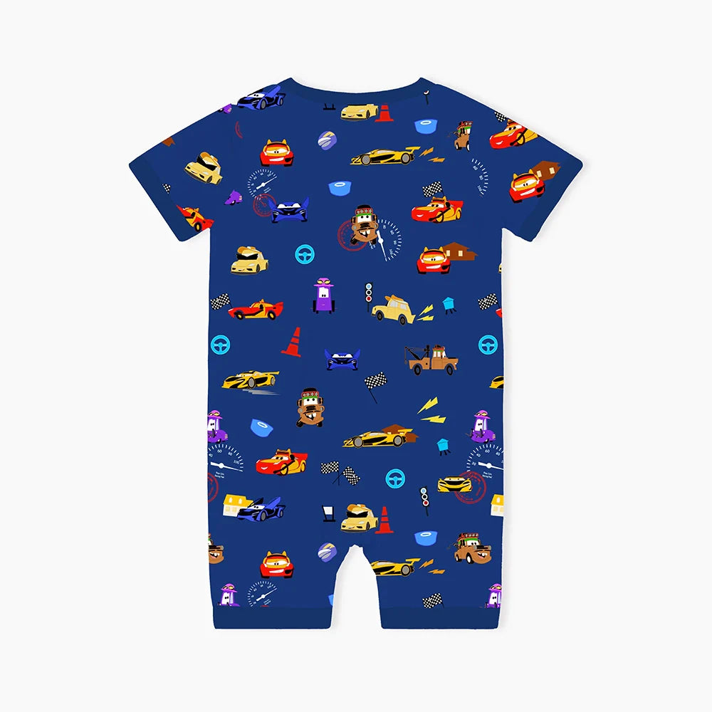 Race Car Cartoon Blue Baby Bamboo Short Zipper Romper Pajamas