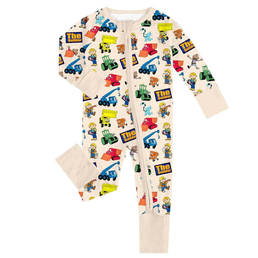 Little Builder Beige Baby Bamboo Zipper Romper Pajamas